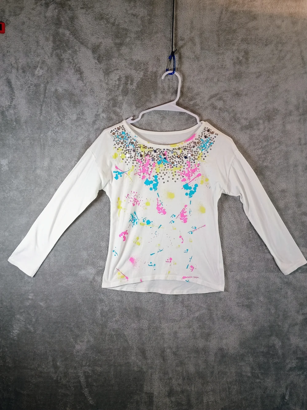 Justice White Long Sleeve Tee with Neon Paint Splatters and Stud Accents